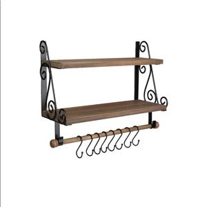 2-Tier Rustic Farmhouse Wood Wall Shelf with 8 Hooks